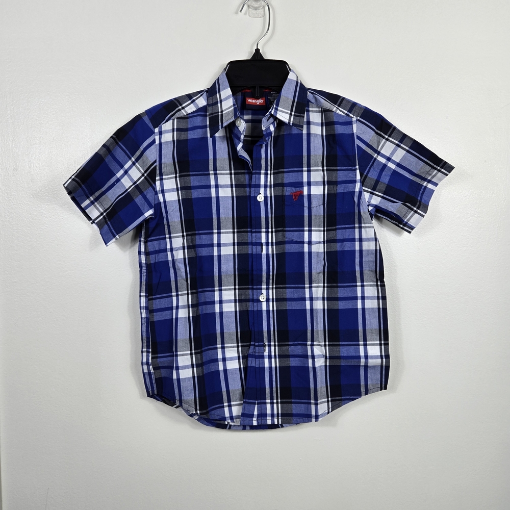 Wrangler Boys Blue White Plaid Western Short Sleeve Button Shirt Small NWOT